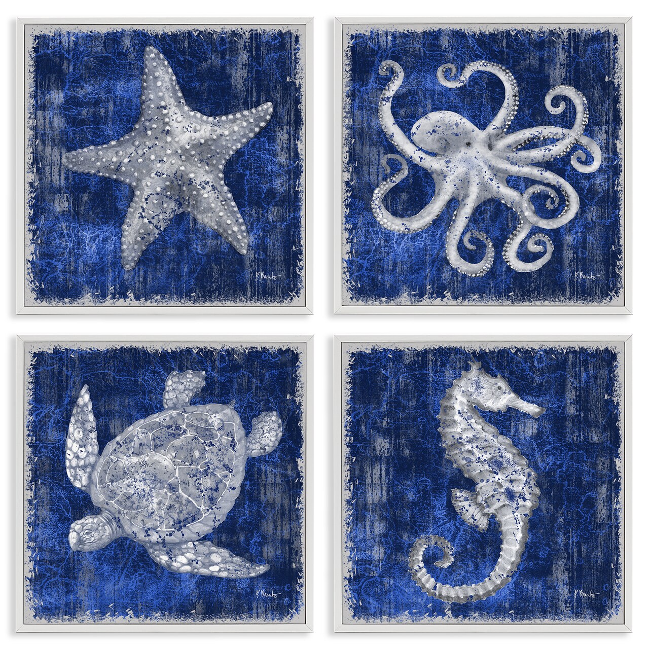 Stupell Industries Sea Life on Abstract Blue 4pc Framed Giclee Wall Art Set Design by Paul Brent